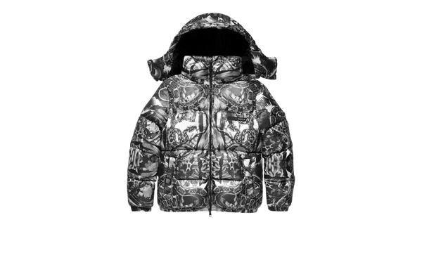 POLY SNAP OFF HOOD PUFFER JACKET HISHAM BW COLLAGE PRINT JET BLACK MULTI "Black"